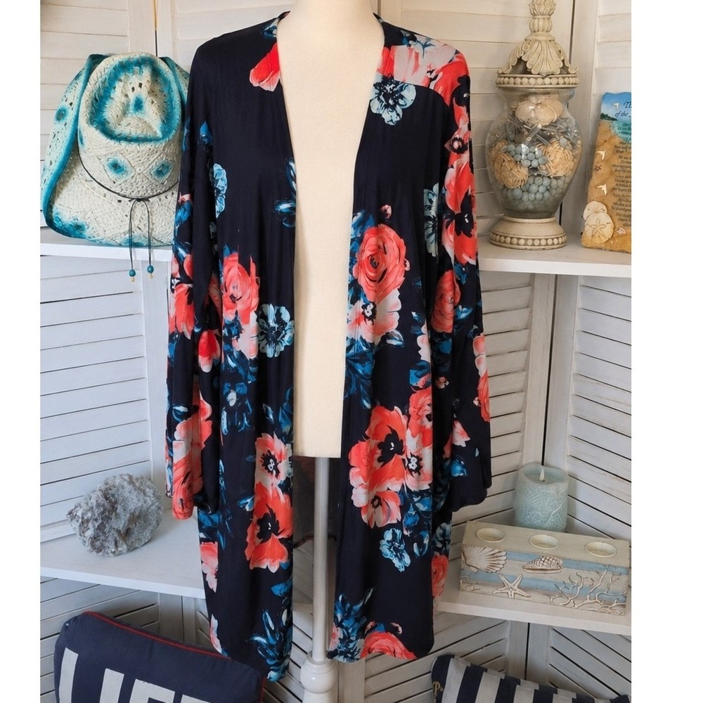 Feitong‎ Black Floral Cardigan Size XXL Lightweight Coral Flower Boho Festival
